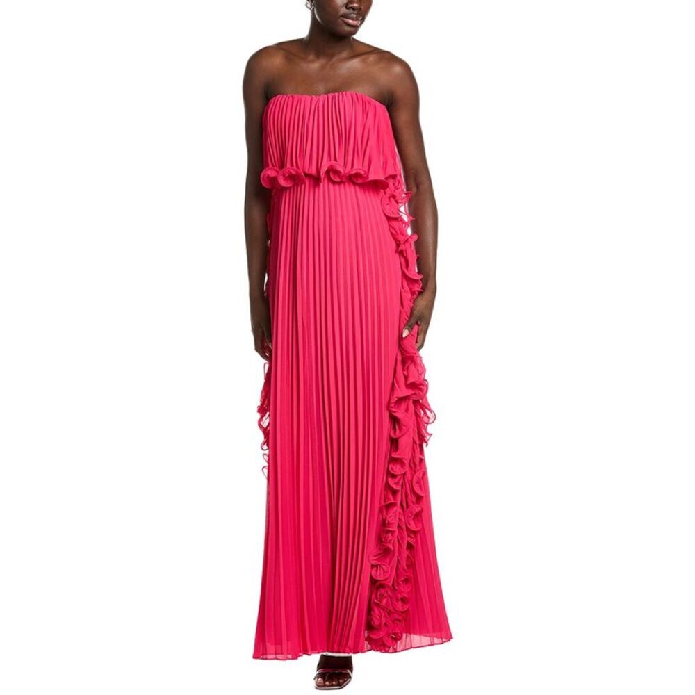 Badgley Mischka Hot Pink Strapless Pleated Maxi Dress